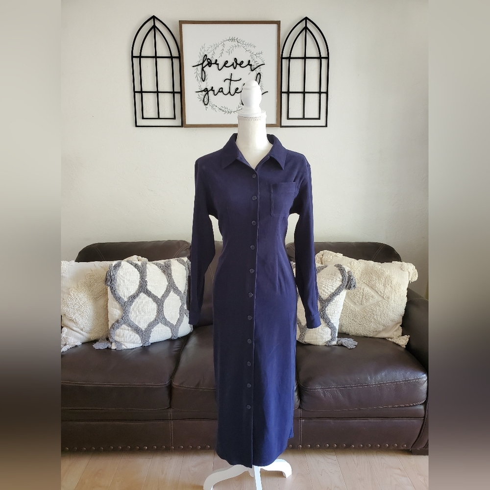Talbots Petites Navy Blue Long Sleeve Button Down Dress Size 8 Classic Boho Chic